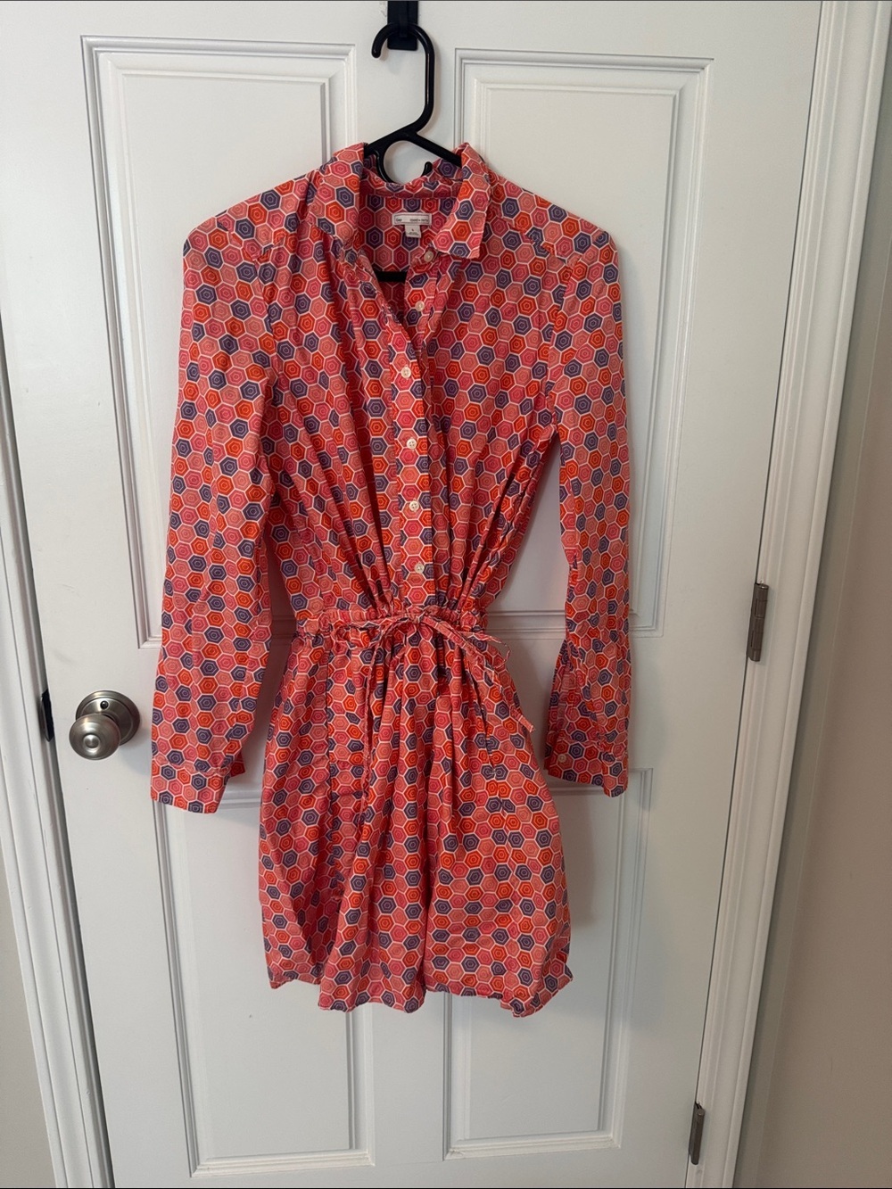 GAP Coral Hexagon Print Long-Sleeve Shirt Dress